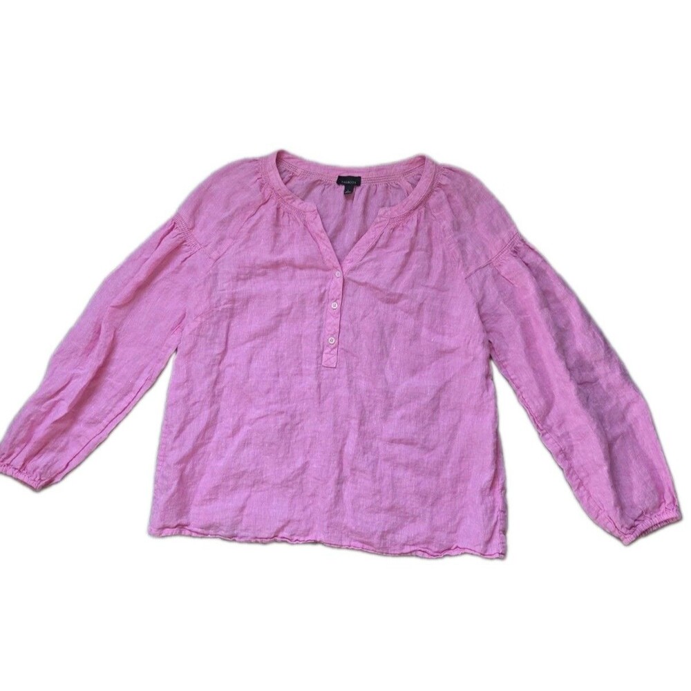 Talbots Bubblegum Pink 100% Linen Popover Blouse Balloon Sleeve Size L EUC
